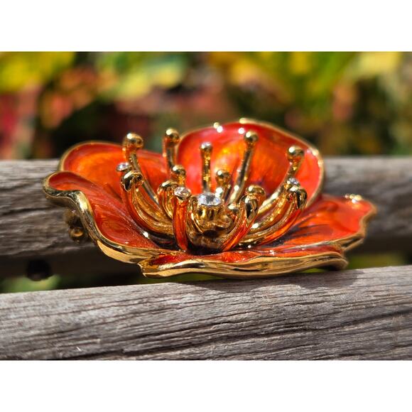 Vintage Monet Orange Enamel & Rhinestone Flower Brooch Pin, Gold Tone - Picture 7 of 10
